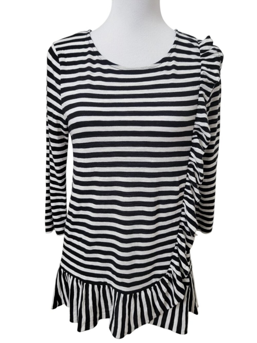 J. Crew Size S Black & White Striped Ruffled Trim Tunic with Asymmetrical Ruffle